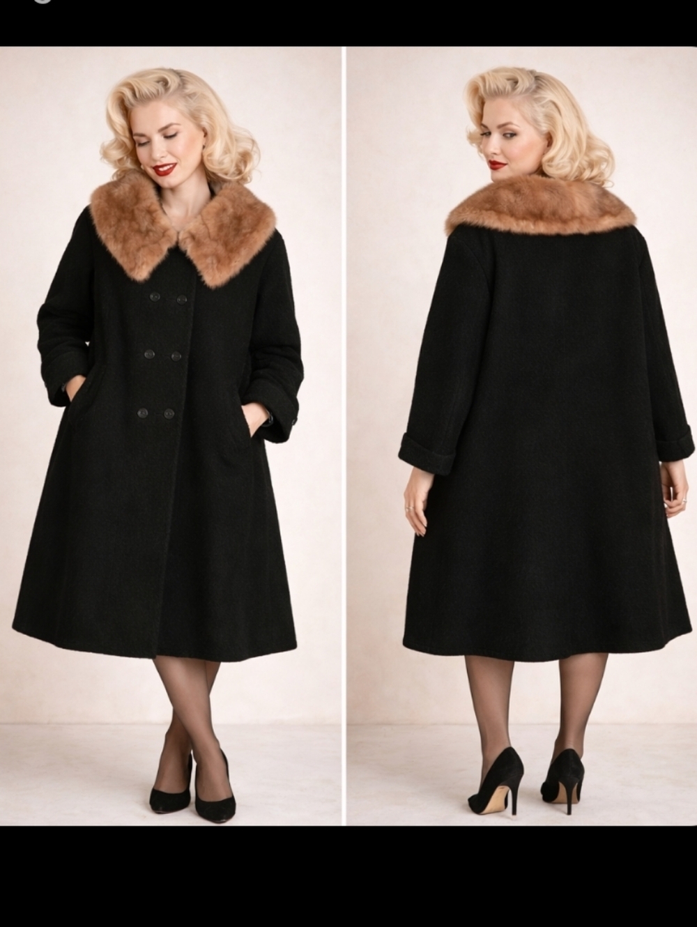 Vintage 1950s Black Wool Coat Mink Fur Collar Old Hollywood Glam